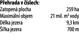 P ehrada v  slech: Zatopen  plocha 259 ha Maxim ln  objem 21 mil. m3 vody D lka jezera 9,3 km    ka jezera 700 m 