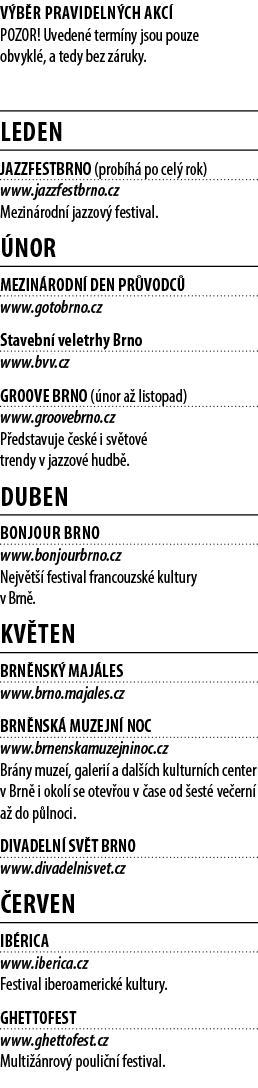 V b r pravideln ch akc POZOR! Uveden  term ny jsou pouze obvykl , a tedy bez z ruky. leden JAZZFESTBRNO (prob h  po ...