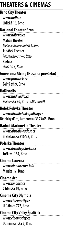 Theaters & cinemas Brno City Theater www.mdb.cz Lidick 16, Brno National Theater Brno www.ndbrno.cz Mahen Theater Ma...