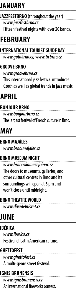 January JAZZFESTBRNO (throughout the year) www.jazzfestbrno.cz Fifteen festival nights with over 20 bands. February I...