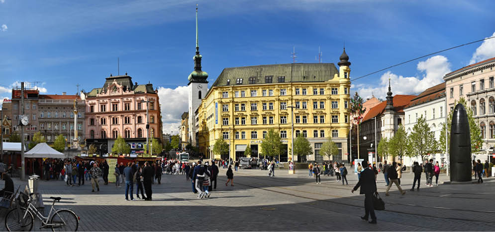 April 16, 2017, the city of Brno - Czech Republic - Europe. City Center - Freedom Square. The plague column (Marian) and the Brno clock - astronomical clock.