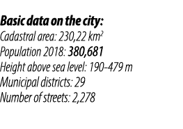 Basic data on the city: Cadastral area: 230,22 km2 Population 2018: 380,681 Height above sea level: 190 479 m Municip...